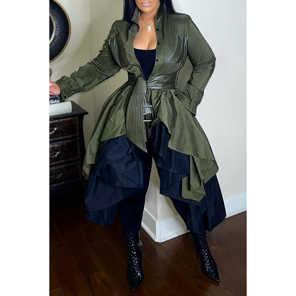 Plus Size Semi Formal Dress Olive Long Sleeve Wrap Asymmetrical Hem Mini Dress