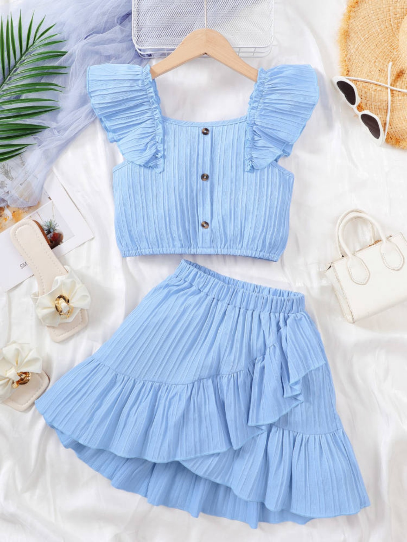 Conjunto de roupas de princesa para meninas, verão, manga esvoaçante, cor lisa, tops + saia curta, estilo doce, roupa de festa para crianças de 8 a 12 anos
