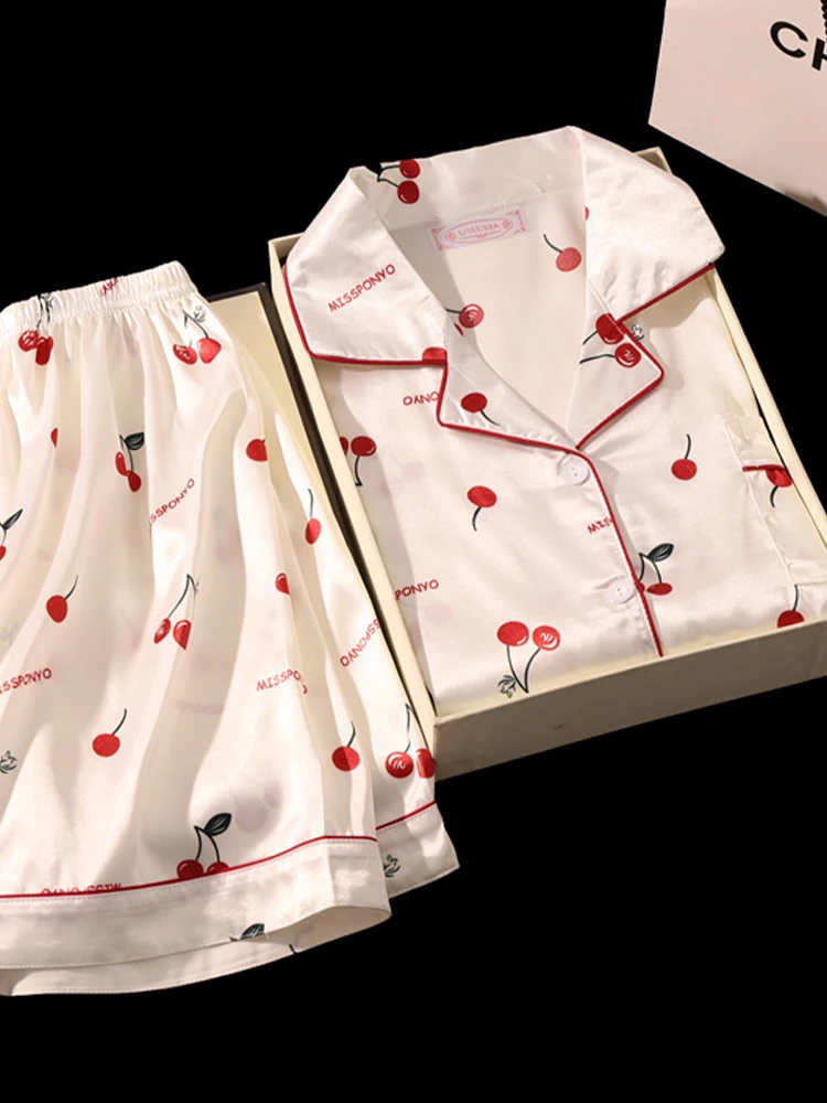 Conjunto de pijamas de seda com estampa cereja para mulheres verão camisa de manga curta e shorts duas peças pijamas homewear