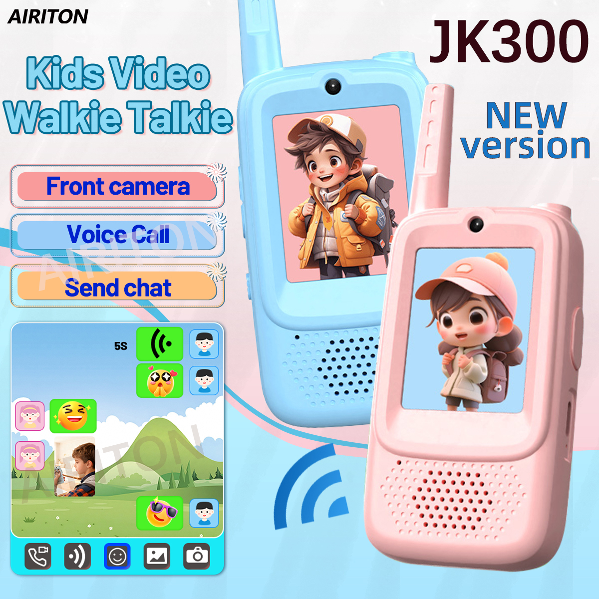 2 uds AIRITON JK300 Video para niños Walkie Talkies Selfie enviar voz foto emoticonos para niños regalo niños niñas JK200 nueva actualización