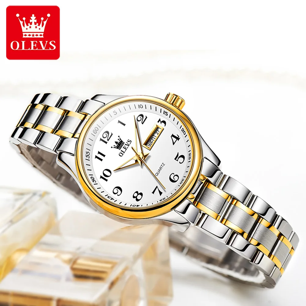 OLEVS Reloj de cuarzo de lujo para mujer, elegante reloj de acero inoxidable, luminoso, resistente al agua, reloj de pulsera con fecha semanal, reloj de vestir para mujer