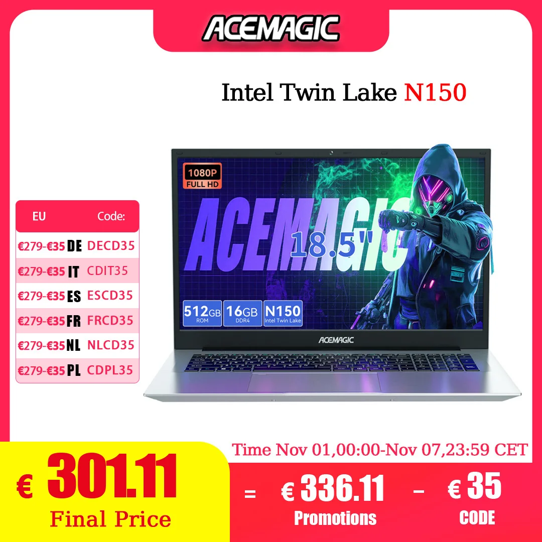 ACEMAGIC 18.5" Computer portatile Windows 11 PRO 8000 mAh Batteria Processore Intel N150 Quad-Core 16 GB DDR4 RAM 512 GB SSD Wifi5