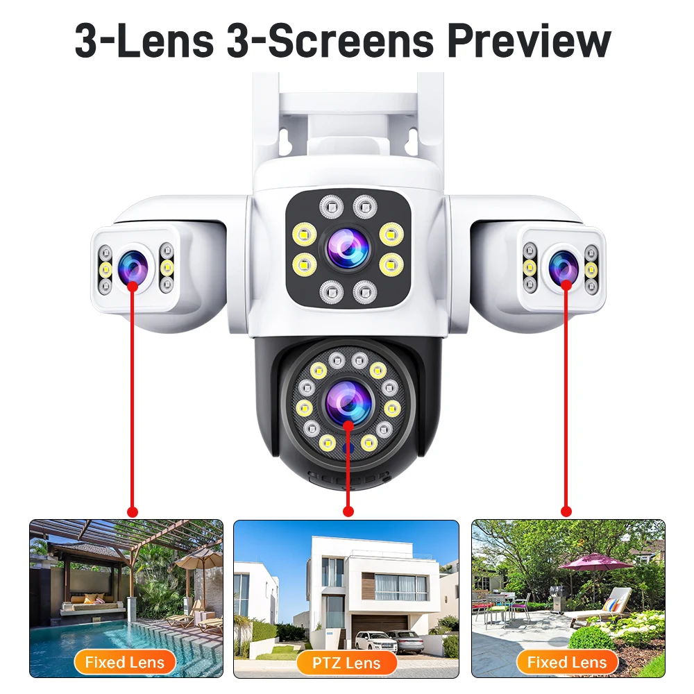 ANSVICAM 6K 12MP Triple Pantalla Triple Lente Exterior WiFi PTZ 360 ° Cámara de vigilancia CCTV IP66 Yoosee para seguridad completa
