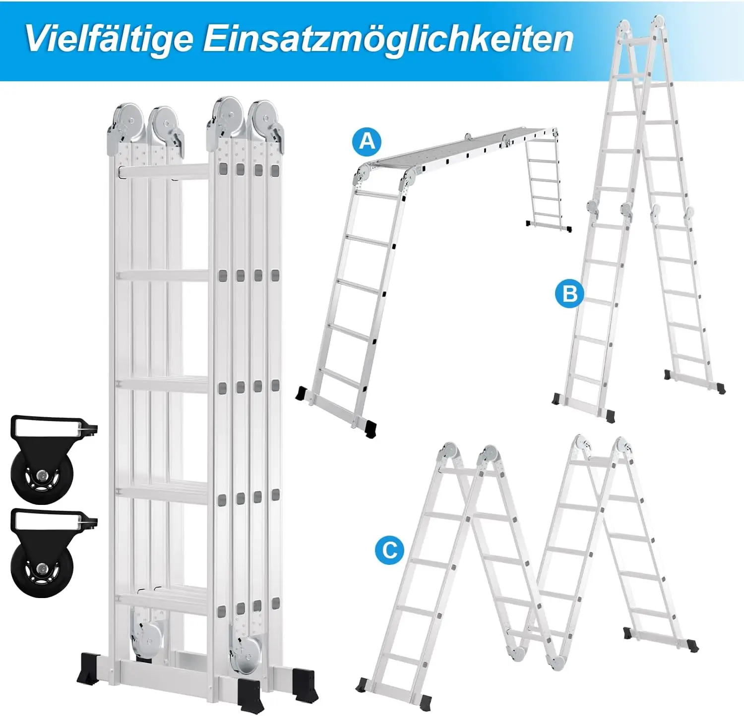 Scala multiuso in alluminio da 5.8m, 4x5 gradini, con piattaforma, 2 piastre per ponteggi, scaletta fino a 150kg, scala pieghevole con
