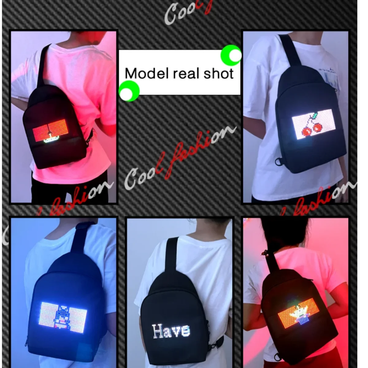 LED-Display-Tasche, intelligente APP, LED-Pixel-Bildschirm für Damen und Herren, DIY, mehrsprachige Graffiti, dynamische Umhängetasche, Brusttasche, LED-Rucksack