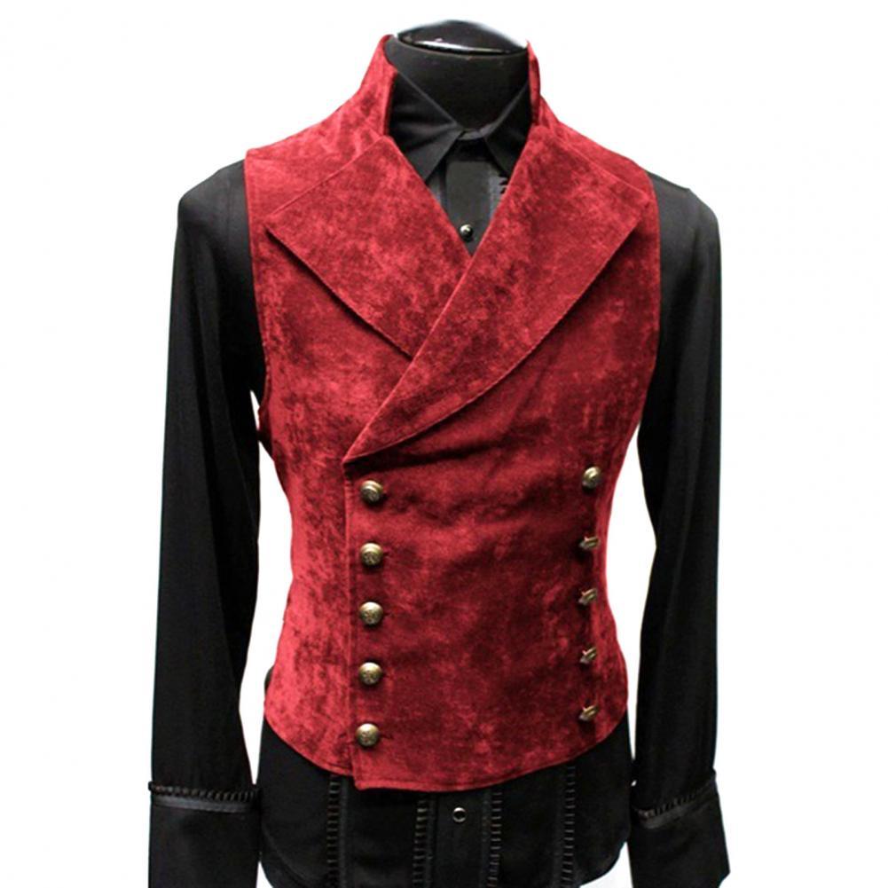 Vintage czerwona zamszowa kamizelka garniturowa męska kamizelka ze stójką jednokolorowa dwurzędowa kamizelka slim-fit Steampunk Gilet Homme