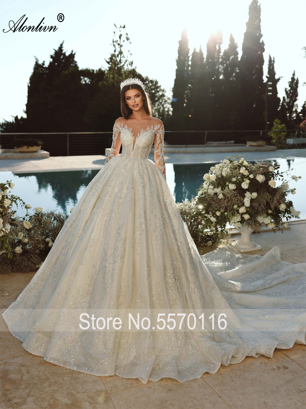 AlonLivn-レースのウェディングドレス,袖付きの豪華なウェディングドレス,女性用,ネックレスヒジャーブ,刺embroidery