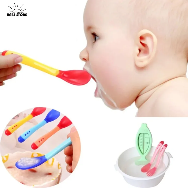 Cuchara para bebé, cuchara sensible al calor con sensor de temperatura, adecuada para alimentación de cabeza de silicona para niños, vajilla para bebé, 1 ud.