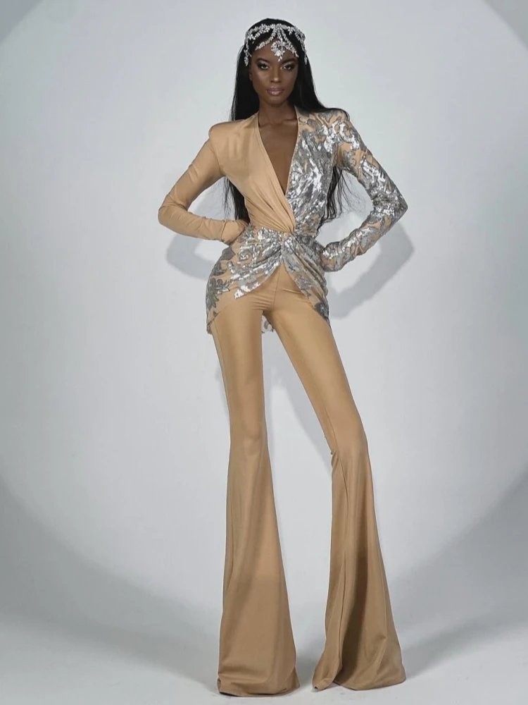 เซ็กซี่ลึก V คอ Sparkly เพชรออกแบบ Jumpsuit ผู้หญิงแขนยาว Draped ขากว้าง Jumpsuit Elegant Evening Club เครื่องแต่งกายรันเวย์