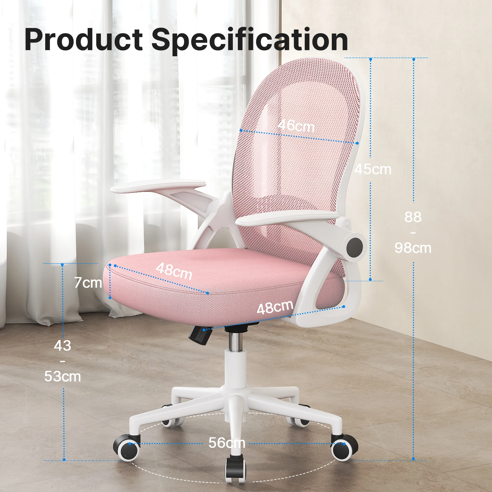 Home-Office-Stuhl, ergonomischer Schreibtischstuhl, drehbarer Computerstuhl, Netzstuhl mit mittlerer Rückenlehne, hochklappbaren Armlehnen und Lordosenstütze