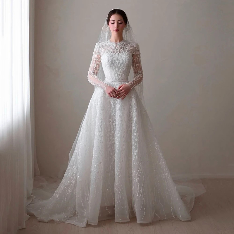 Glitzerndes Hochzeitskleid aus Organza mit Stickerei, A-Linie, Ballkleid, Stehkragen, volle Ärmel, individuelles Brautkleid, Vestido De Novia