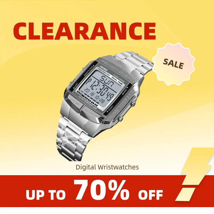Clearance_SKMEI Mode Hintergrundbeleuchtung Digitale Sportuhr Männer Edelstahlarmband Wecker Countdown Glas Spiegel Armbanduhr