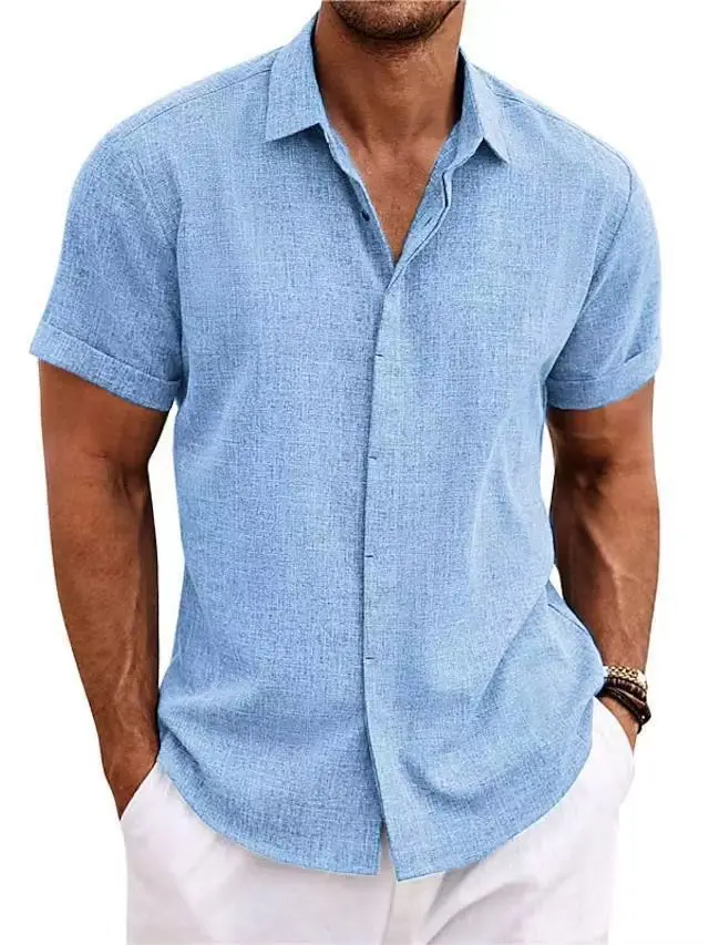 Camisa blanca de manga corta de algodón y lino para hombre, Top básico cómodo de Color sólido, blusas informales con botones negros para hombre