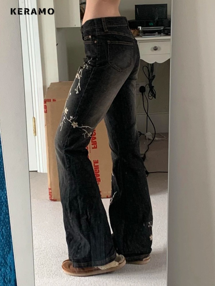 Weekeep floral bordado jeans vintage 2000s baixo aumento queimado jeans feminino retro y2k calças jeans largas calças básicas de rua alta