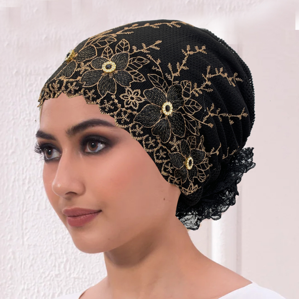 Boné turbante de renda bordado respirável muçulmano feminino verão cabeça capa lenço chapéu islâmico gorro feminino cabeça envoltórios