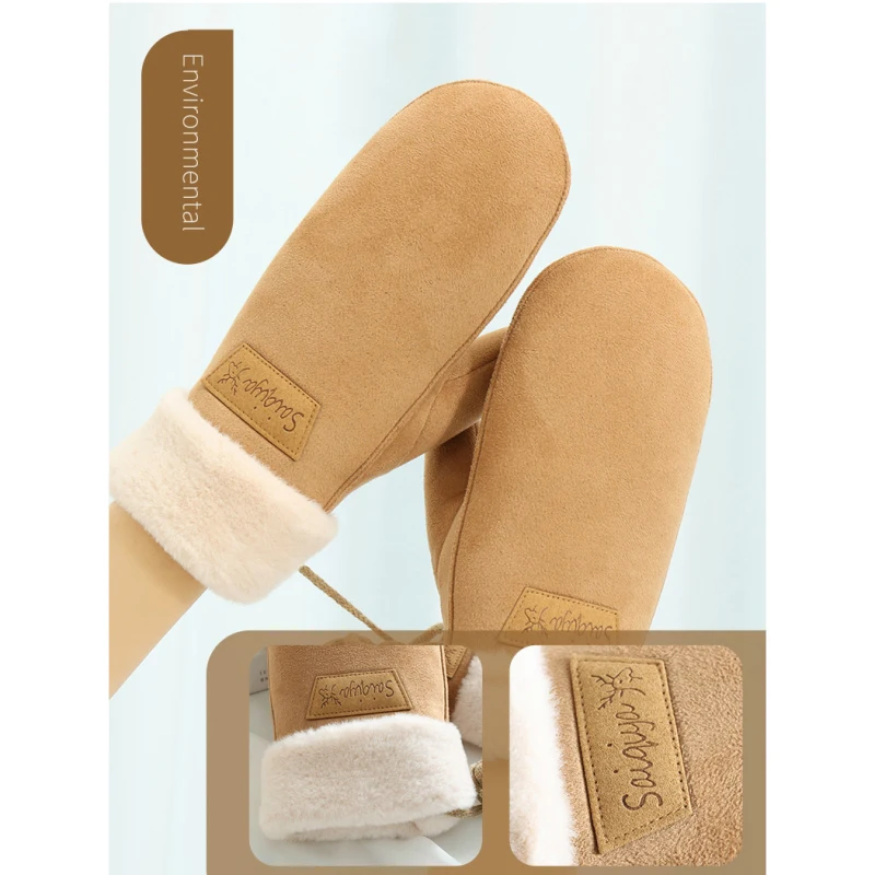 ผู้หญิงฤดูหนาวอุ่นหนาขนแกะ Suede Halter ถุงมือน่ารักน่ารัก Sweety เย็นป้องกัน Mittens