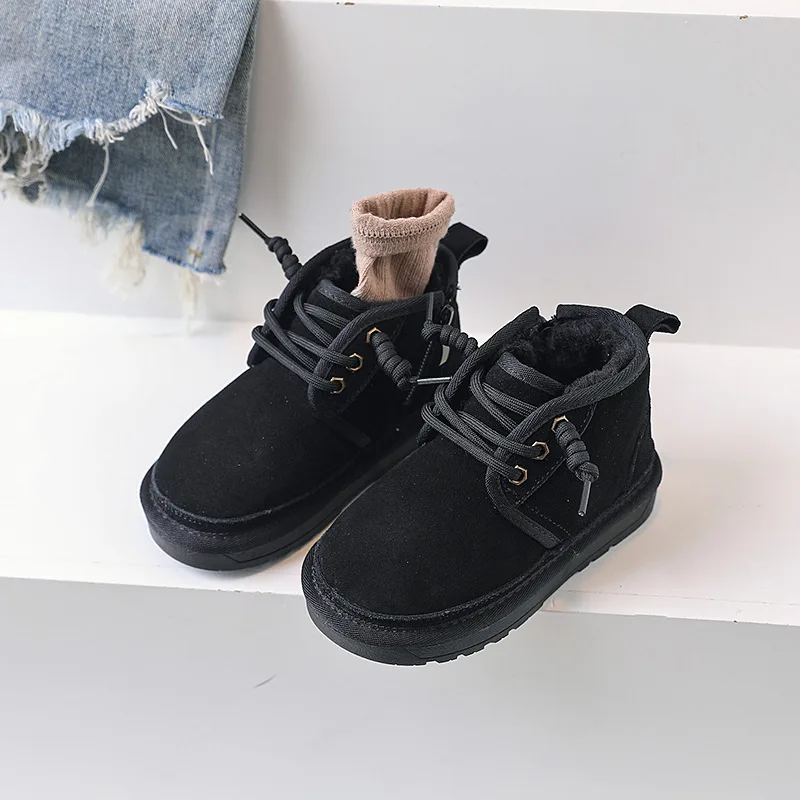 เด็กรองเท้าบู๊ตหิมะหญิงของแท้หนังหนา Plush WARM ฤดูหนาวรองเท้าเด็ก Suede Soft Sole รองเท้าสบายๆลื่นขนาด 21-37
