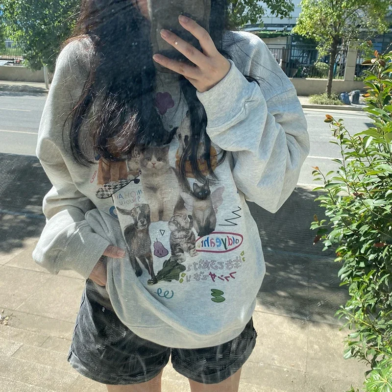 ミルク猫プリントトレーナー秋冬長袖ファッションストリート女性トップ原宿 Y2k 美的グラフィック女性服