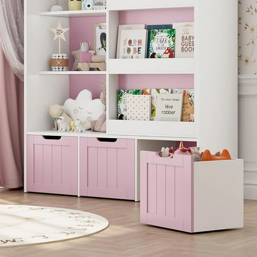 Toy Storage Organizer with Sliding Book Shelf, Toy Organizers and Storage, Playroom Organization and Storage Kids Bookshelf