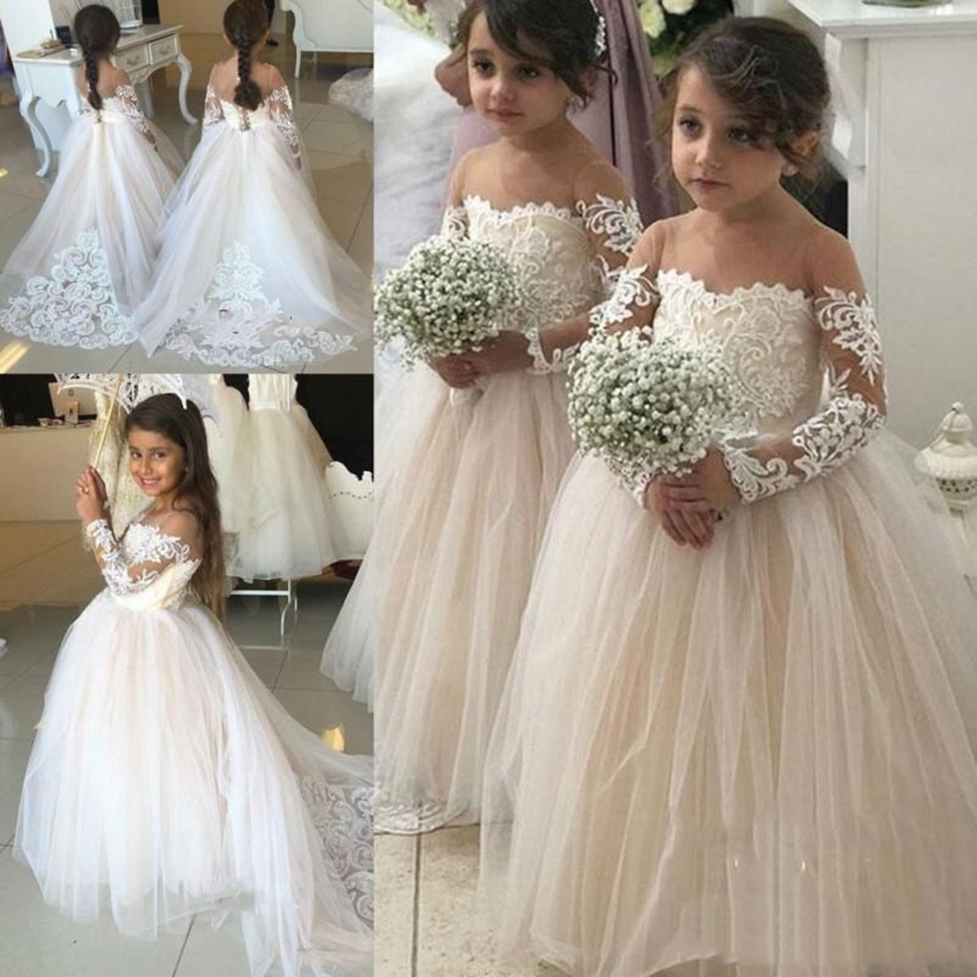 Vestidos de menina de flor de mangas compridas para casamento vestido de dama de honra júnior vestido de primeira comunhão de renda