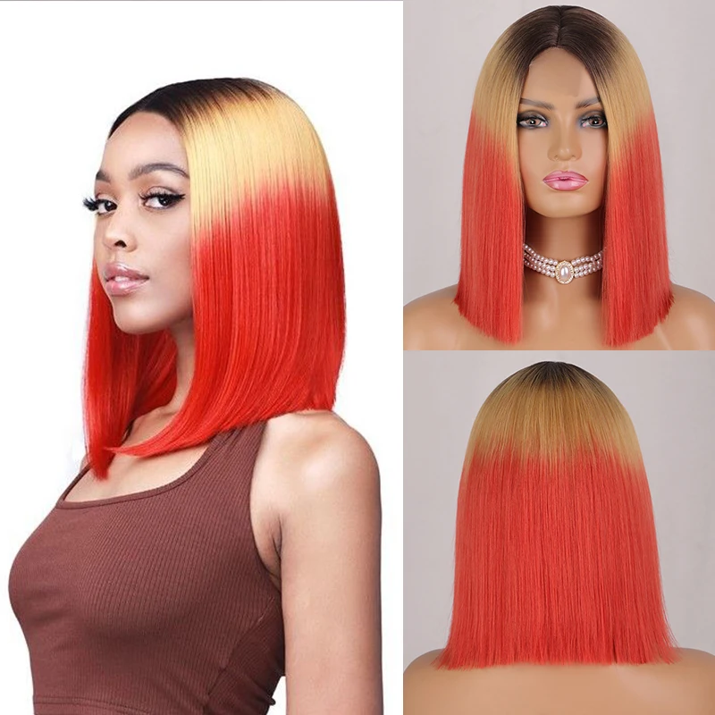 Peluca Bob roja ombré para mujer, pelucas cortas y rectas de parte media, peluca sintética resistente al calor, pelo falso, longitud del hombro, fiesta de Cosplay