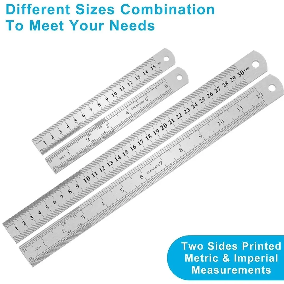 Righello dritto a doppio lato in acciaio inossidabile Centimetro pollici Scala righello metrico Strumento di misurazione di precisione Forniture per ufficio scolastico