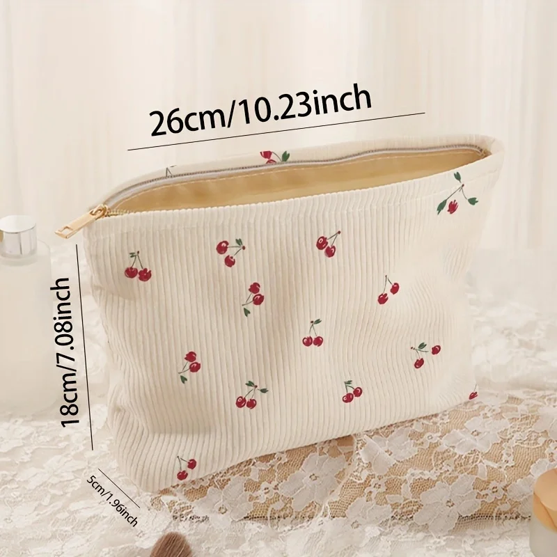 Modische Make-up-Tasche aus Cord mit Kirschmuster, großes Fassungsvermögen, leichte Make-up-Aufbewahrungsbox mit Reißverschluss, multifunktionale Tasche mit Futter