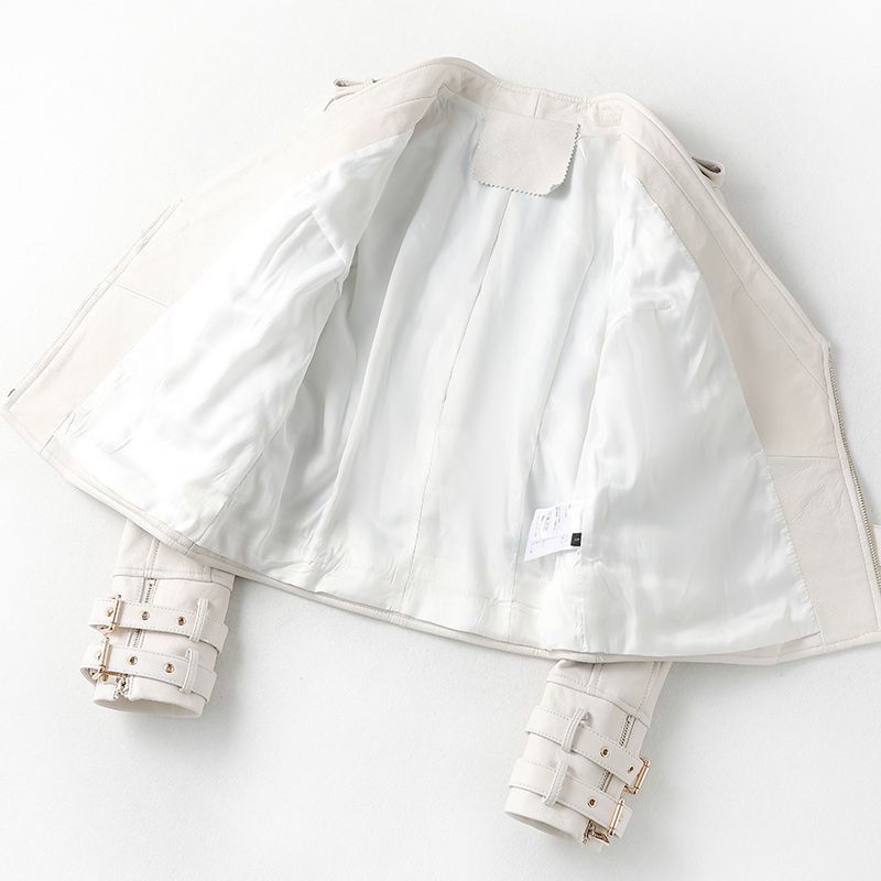 100% echtes Leder Frauen Importiert Schaffell Jacken Mode V-ausschnitt Diagonal Zipper Weibliche Dünne Gürtel Kurze Weiße Lammfell Jacken