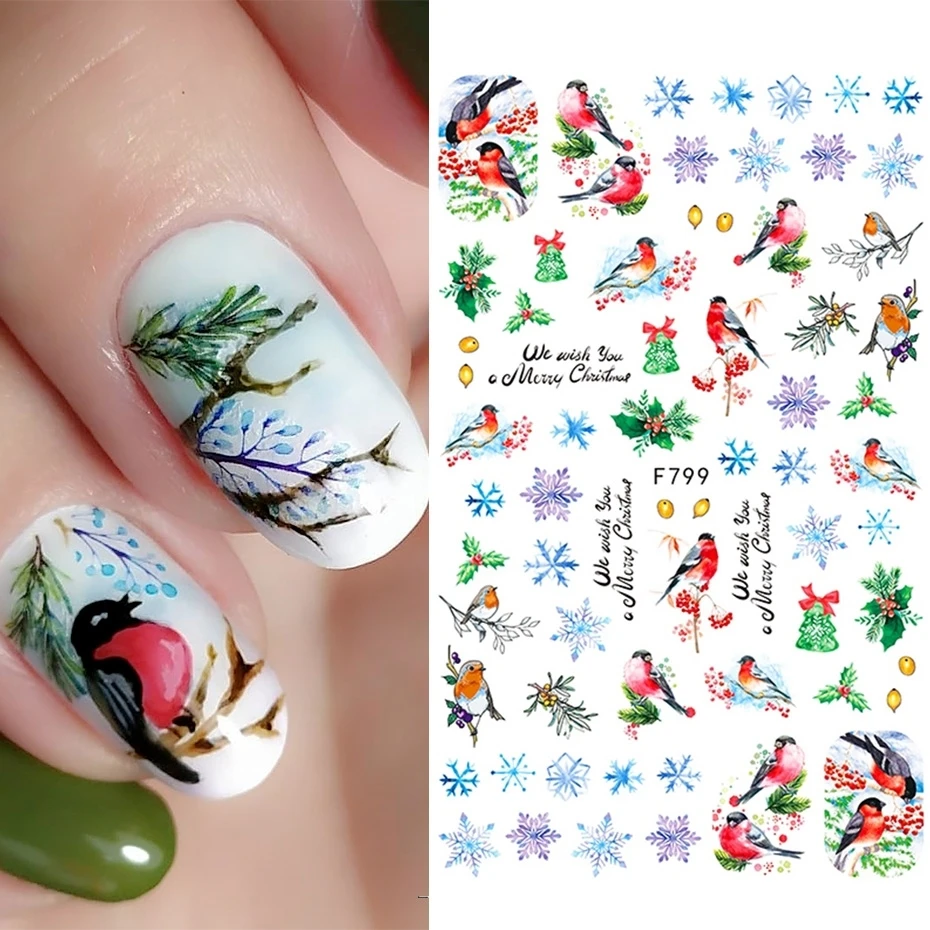 Pegatina navideña para uñas, copo de nieve, Urraca, pájaro, hoja deslizante 3D, diseño de Halloween, Año Nuevo, decoración, manicura, lámina de tendencia 2023