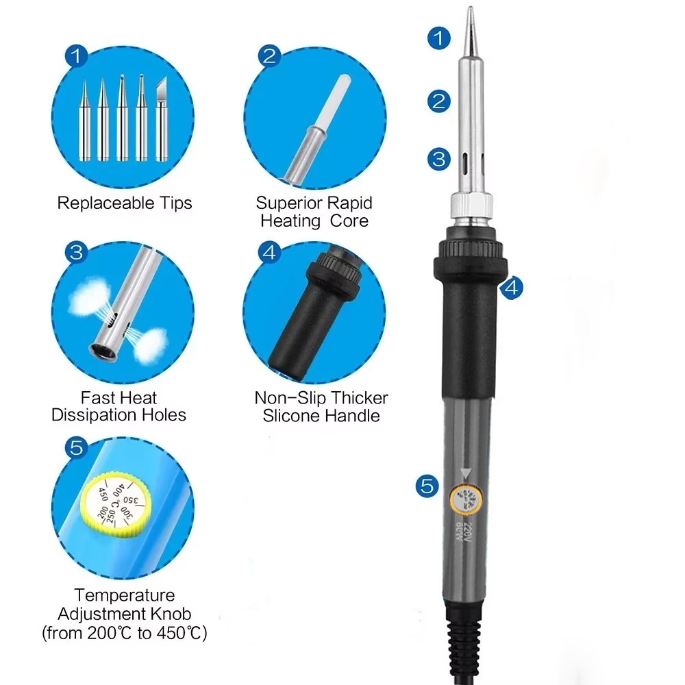 60W Adjustable Temperature Welding Solder Rework Station Heat Pen Tips Electric Soldering Iron for Repairing by BeBosLook