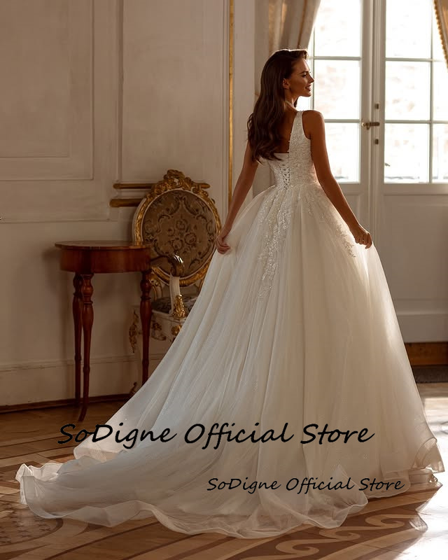 SoDigne A-line Tulle Wedding Dresses Square Collar Sleeveless Appliques Bridal Dress Bride Gown Robe De Mairee ﻿Customized ﻿