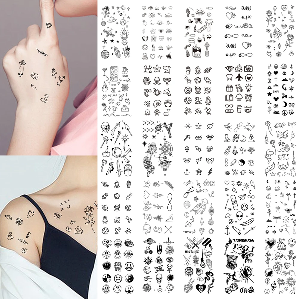 10 stücke Wasserdicht Temporäre Tattoo Aufkleber Liebe Emoticon Mond Sonne Linien Schädel Planet Tatto Handgelenk Gefälschte Tattoos Körper Kunst Frauen männer