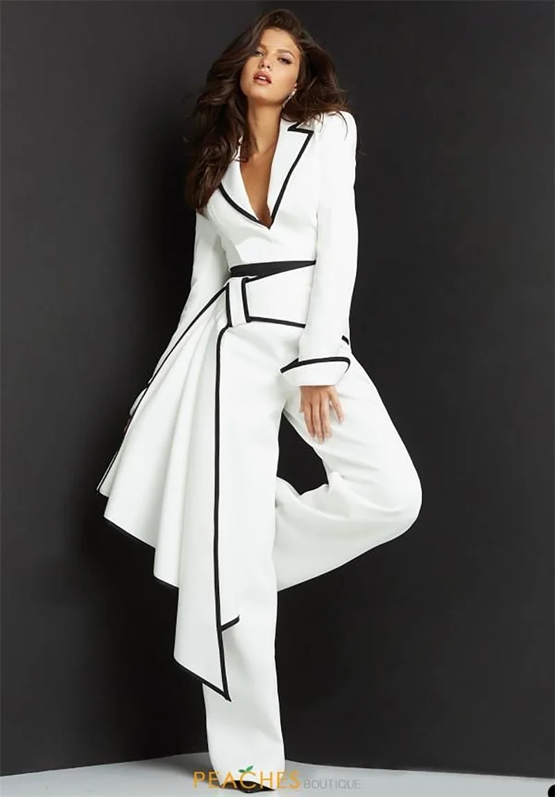 สีขาวJumpsuitผู้หญิงชุดสูทBlazerกางเกงสีโมเสคDesigner Vคอชุดราตรีสีแดงพรมเสื้อแจ็คเก็ตเข็มขัดCUSTOM Made