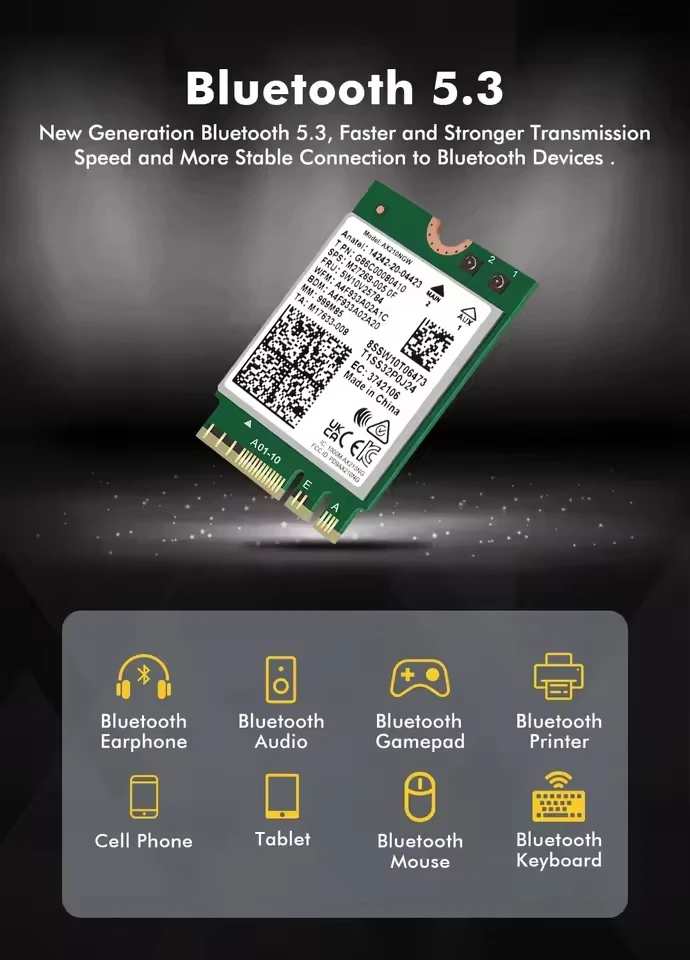 WiFi 6E AX210 Wireless Card 5374Mbps BT5.3 Tri-Band 2.4GHz/5GHz/6GHz 802.11ax High-Speed Network Adapter AX210NGW Fow Win10/11