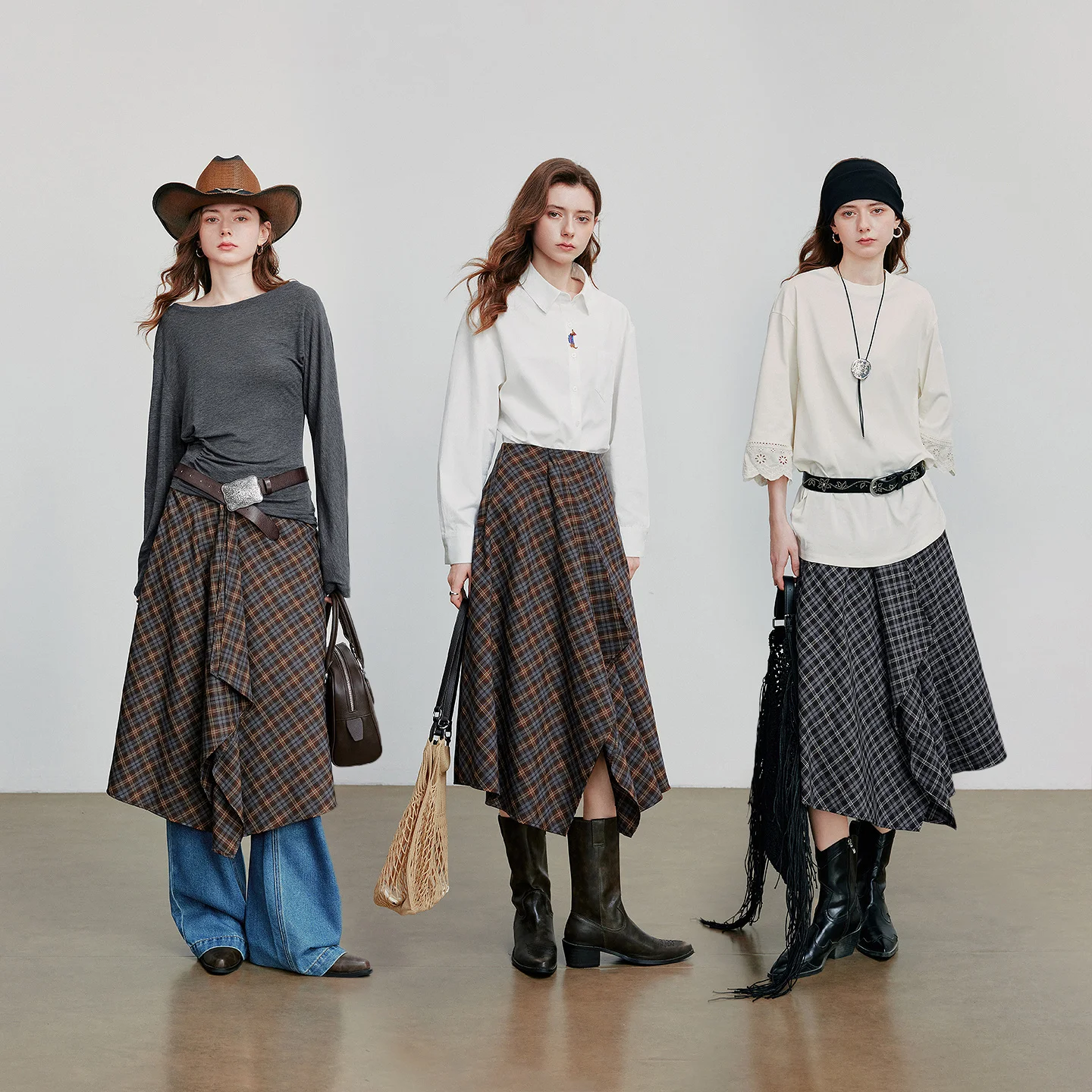 TOYOUTH Gonna da donna alla caviglia 2025 Autunno New Wave Style Retro Grid A Line Gonna ombrello irregolare