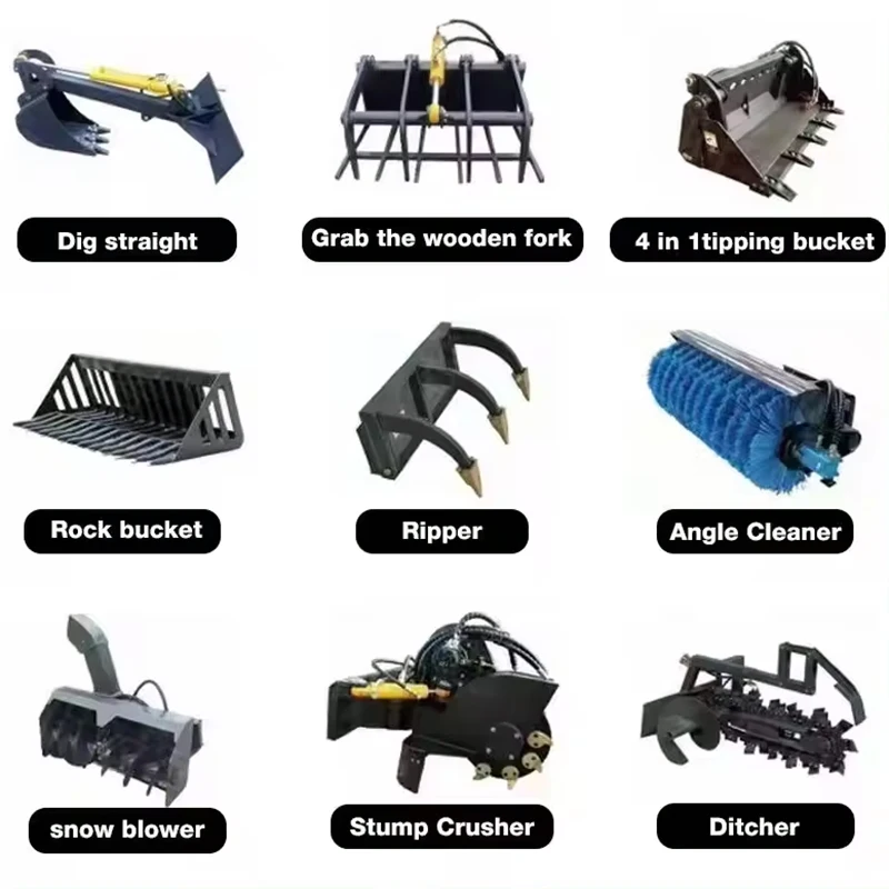 Four in One Tipping Bucket Snow Blower Ditcher Skid Steer Attachments High Quality Swing Crusher Mini Loaders Custom Accessories