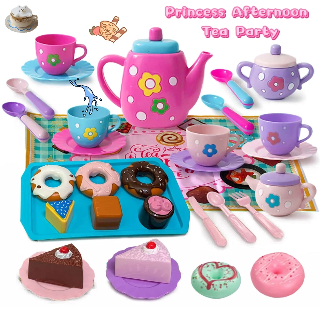 Jogo de chá para meninas, serviço de chá, serviço de chá para crianças, incluindo chaleira, biscoitos, comida para crianças, presentes para meninos e meninas