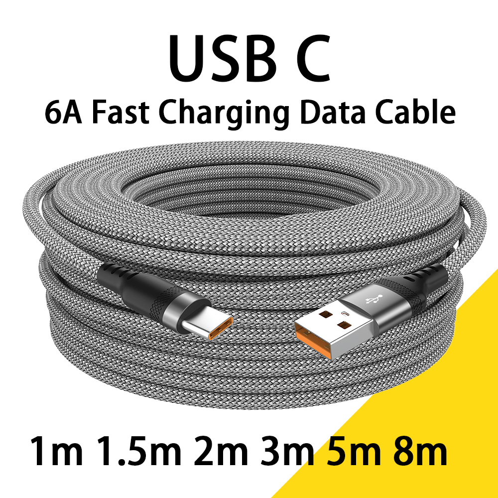 Cable de carga USB tipo C 6A para Huawei USB C extendido 1m 2m 3m 5m Cable de 8 metros para Xiaomi Vivo Leeco OnePlus Oppo