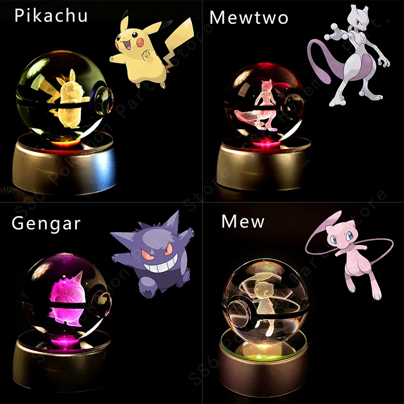 포켓몬 크리스탈 볼 3D 피카추 Gengar Mewtwo 야간 조명 램프 Pokeball 3D 유리 포켓몬 크리스탈 볼 동상 어린이 생일 선물