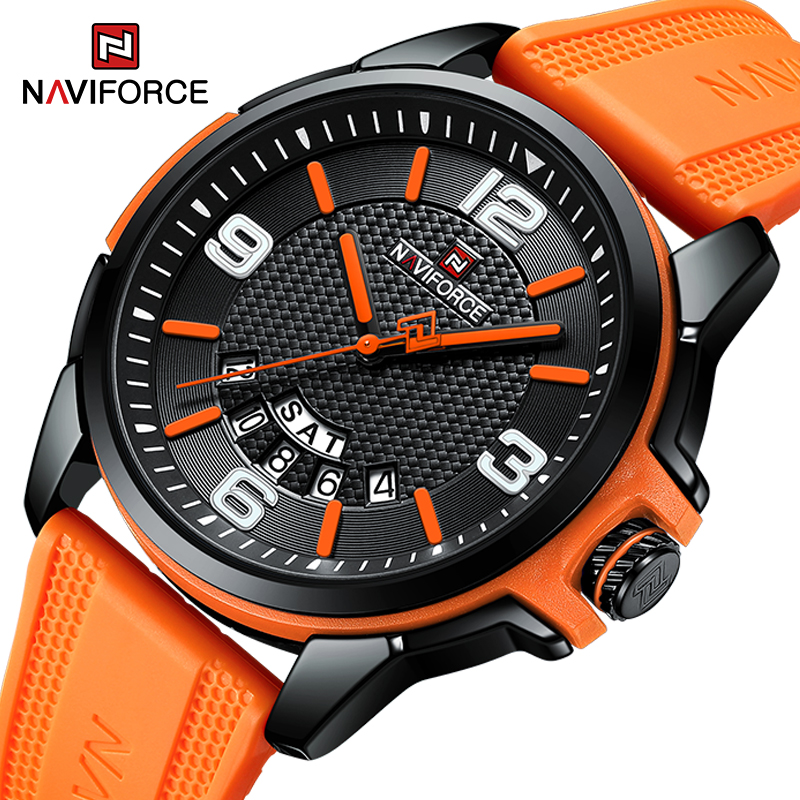 NAVIFORCE Creative TPU สายนาฬิกาข้อมือชายแฟชั่นกีฬา 3ATM กันน้ําควอตซ์วันและวันที่นาฬิกาผู้ชาย Reloj Hombre