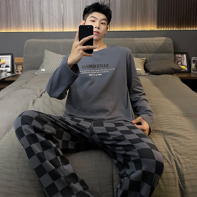 Pijamas informales de algodón para hombre, ropa de dormir de color liso, con Tops largos y pantalones, a la moda, novedad de primavera
