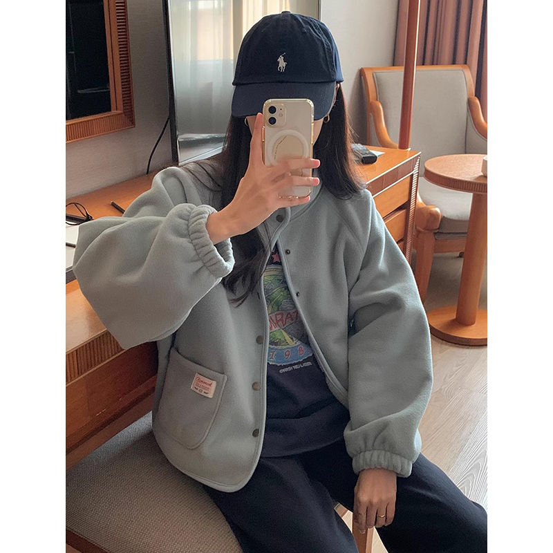 Chic Double-Sided Fleece Outerwear Women's Loose Long Sleeve Stand Collar Single Button Jacket Autumn Winter Commute Sle