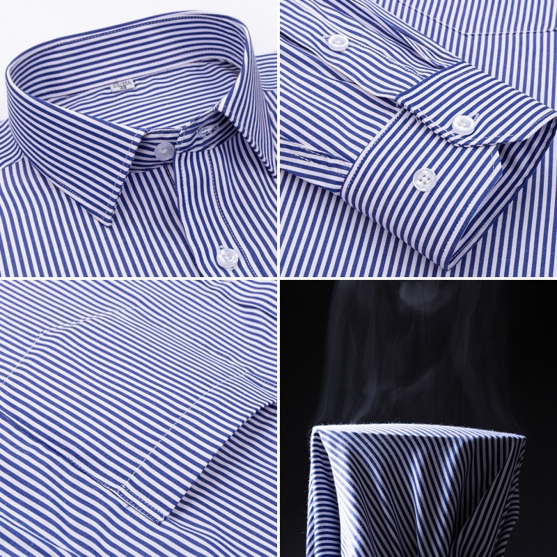 Men Formal Shirt Long Sleeve Office Solid Color Striped Anti-Wrinkle Non-ironing Fashion Business Pocket White Social Shirt 4XL