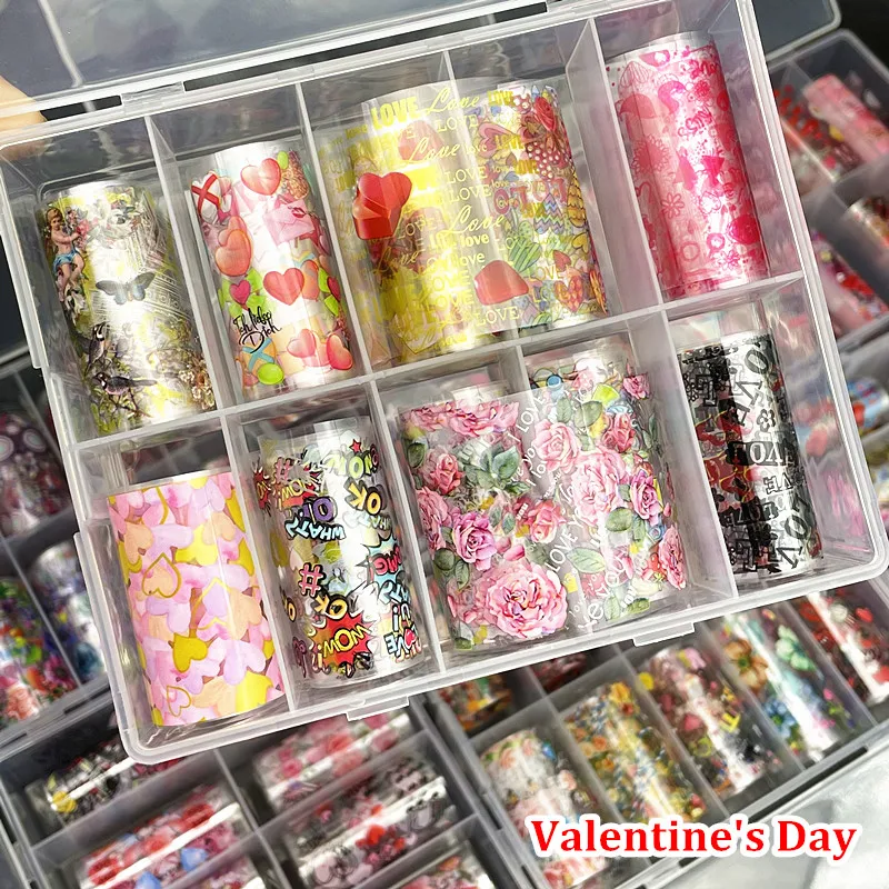 1 Kotak Kertas Perak Kuku Hari Valentine untuk Kertas Transfer Kertas Penghias Hati Kuku Bibir Pembungkus Cinta Bunga Mawar Dekorasi Seni Kuku