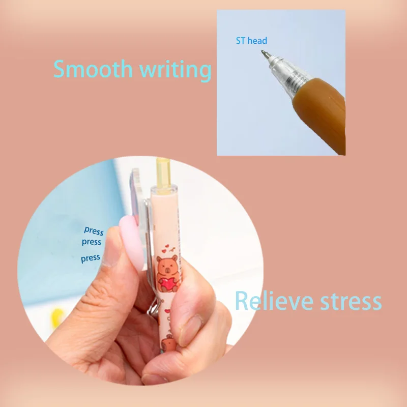 2 capybara gel pens, with novelty decompression toys,  quick drying black ink push pen, suitable for  study and office