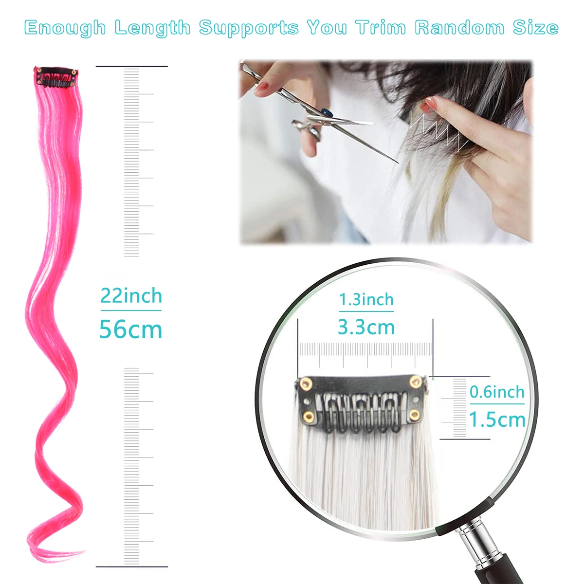 Extensões de cabelo sintético com um clipe, resistente ao calor, arco-íris, peça de cabelo para crianças, mulheres, longo, encaracolado, estilo ondulado, colorido, 10 peças