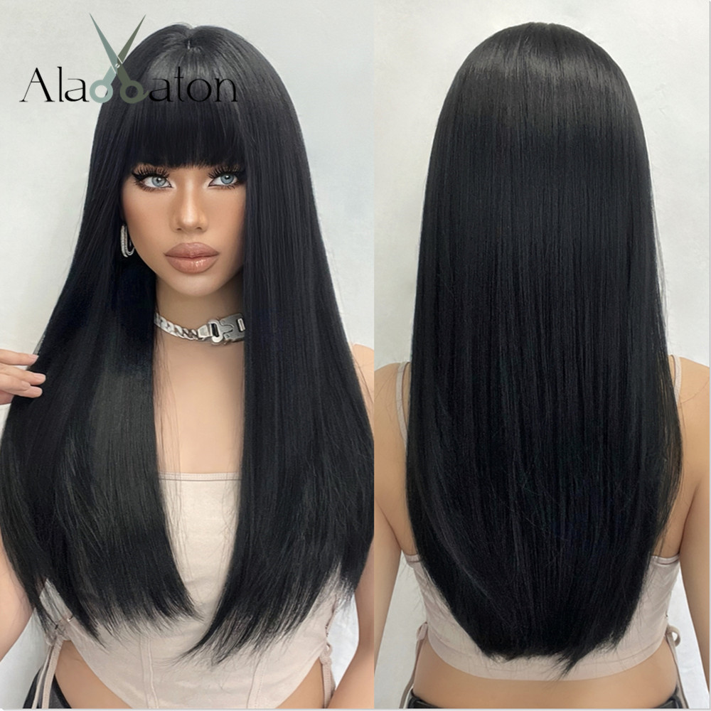 ALAN EATON Schwarze gerade synthetische Perücken mit Pony, langes glattes Haar für Frauen, täglich, weich, natürlich aussehende Hochtemperaturfaser