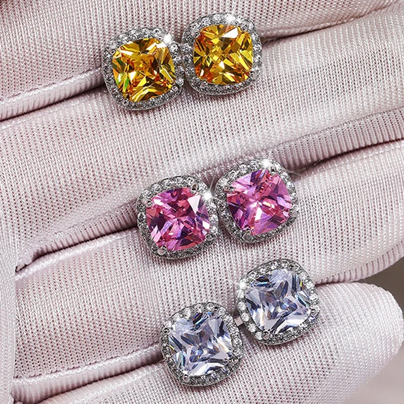 Ne'w-pendientes de tuerca con circonita cúbica para mujer, joyería contratada a la moda, compromiso de boda de alta calidad, Blanco brillante/amarillo/rosa