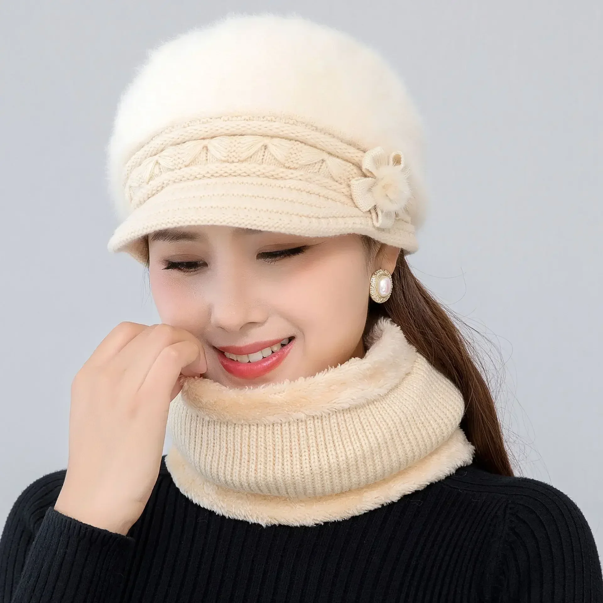 Gorro de invierno para mujer, gorro que mantiene el calor, conjunto de gorro y bufanda forrado de piel, gorros cálidos para mujer, gorro tejido informal de piel de conejo para invierno 2024