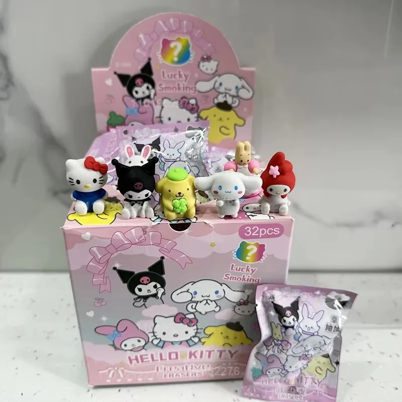 子供のためのサンリオ鉛筆消しゴム、学用品、ハローキティ、私のメロディークロミシナモロール、学生文房具、卸売、32ピース/箱